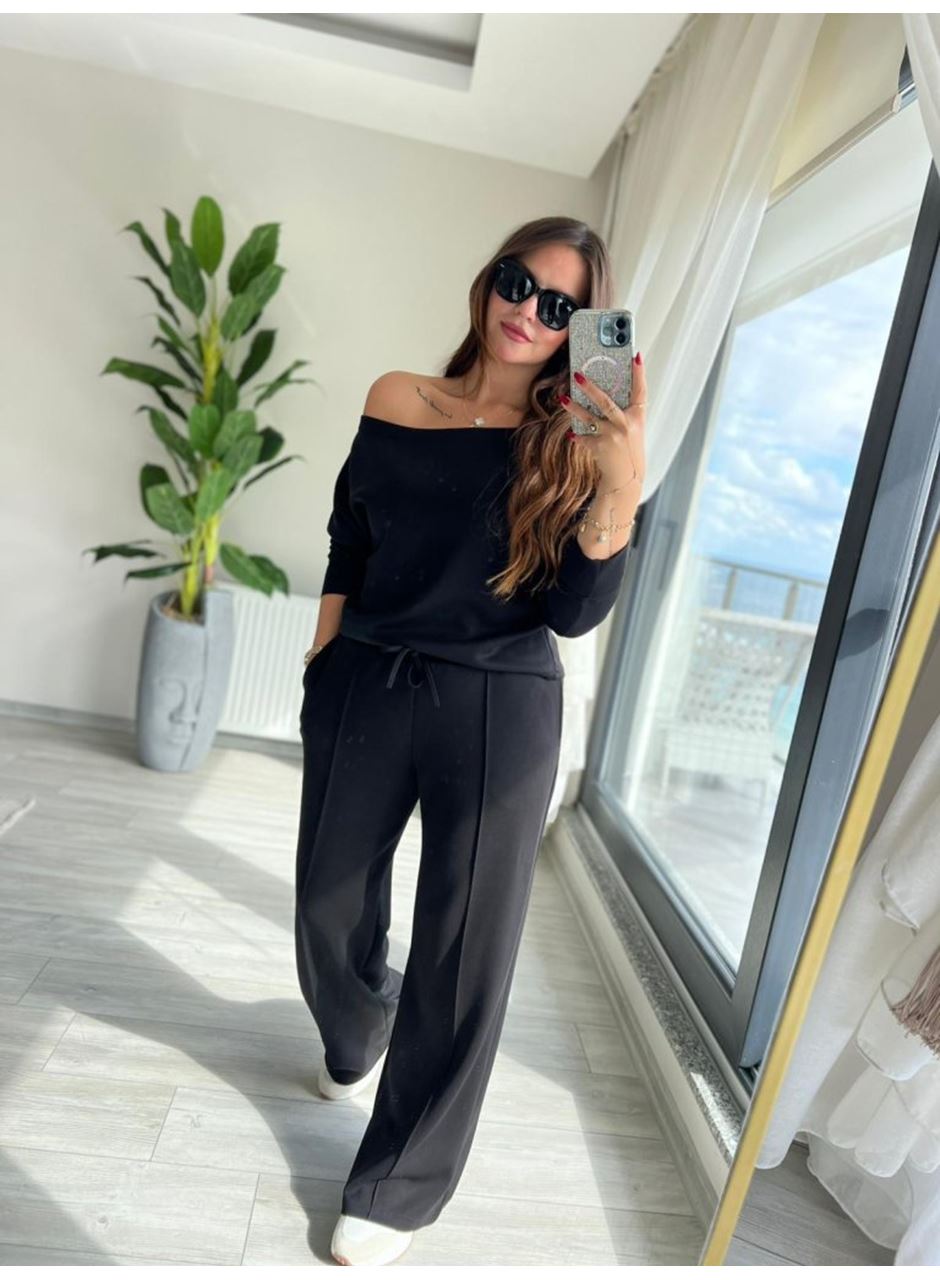 Kadın Uzun Kollu Tek Omuzdan Açık Modal Bluz Ve Pantolon Ikili Takım