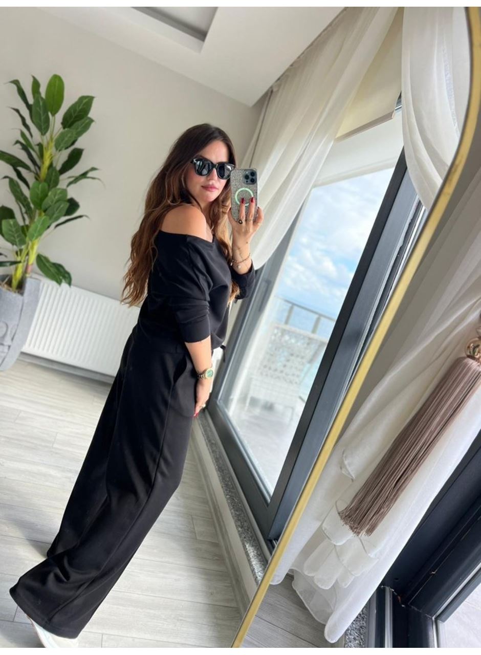 Kadın Uzun Kollu Tek Omuzdan Açık Modal Bluz Ve Pantolon Ikili Takım