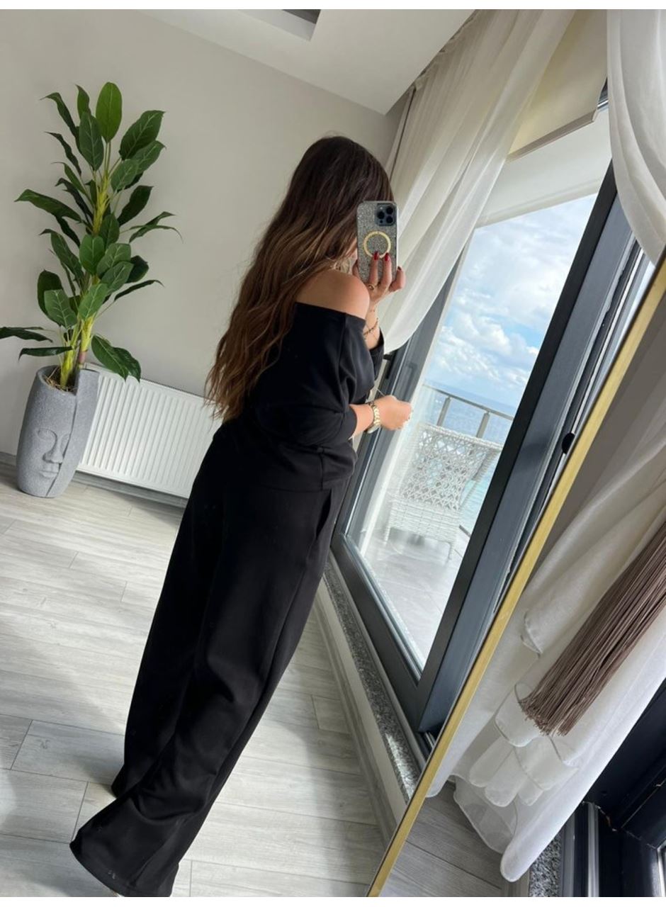 Kadın Uzun Kollu Tek Omuzdan Açık Modal Bluz Ve Pantolon Ikili Takım