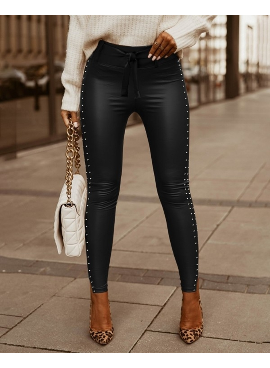 Kadın Yüksek Bel Yanlardan Incili Yırtmaçlı Uzun Deri Tayt