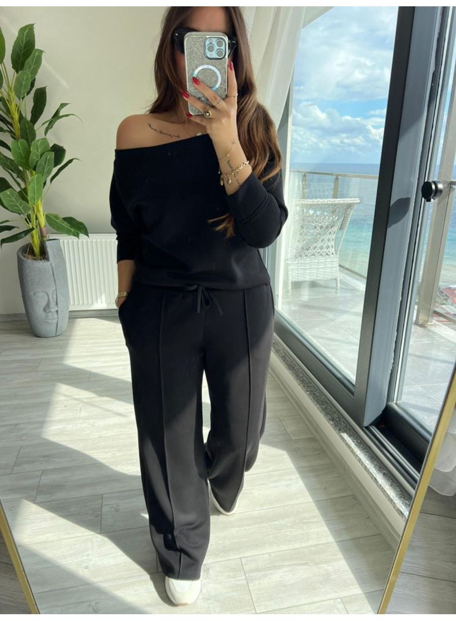 Kadın Uzun Kollu Tek Omuzdan Açık Modal Bluz Ve Pantolon Ikili Takım