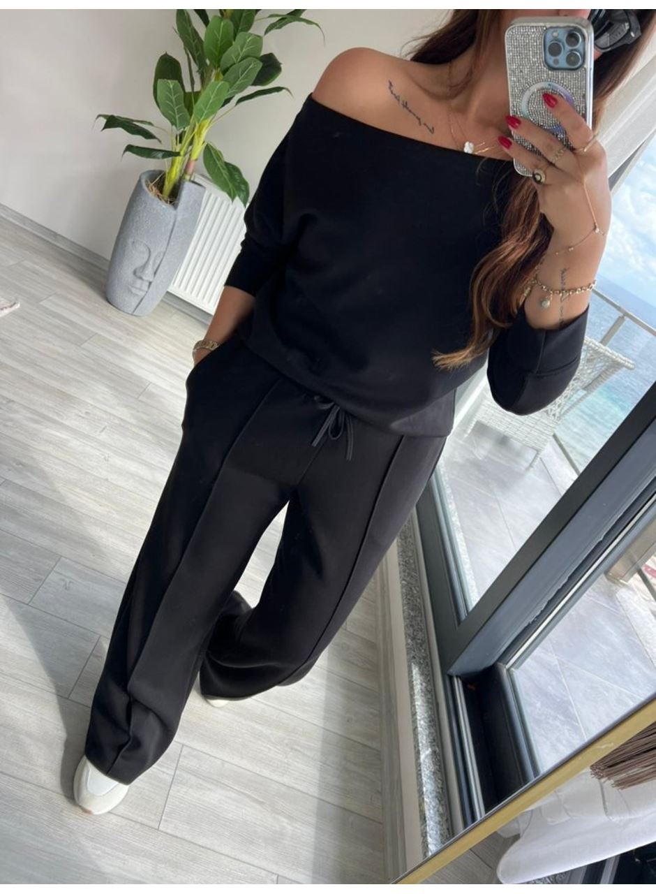 Kadın Uzun Kollu Tek Omuzdan Açık Modal Bluz Ve Pantolon Ikili Takım
