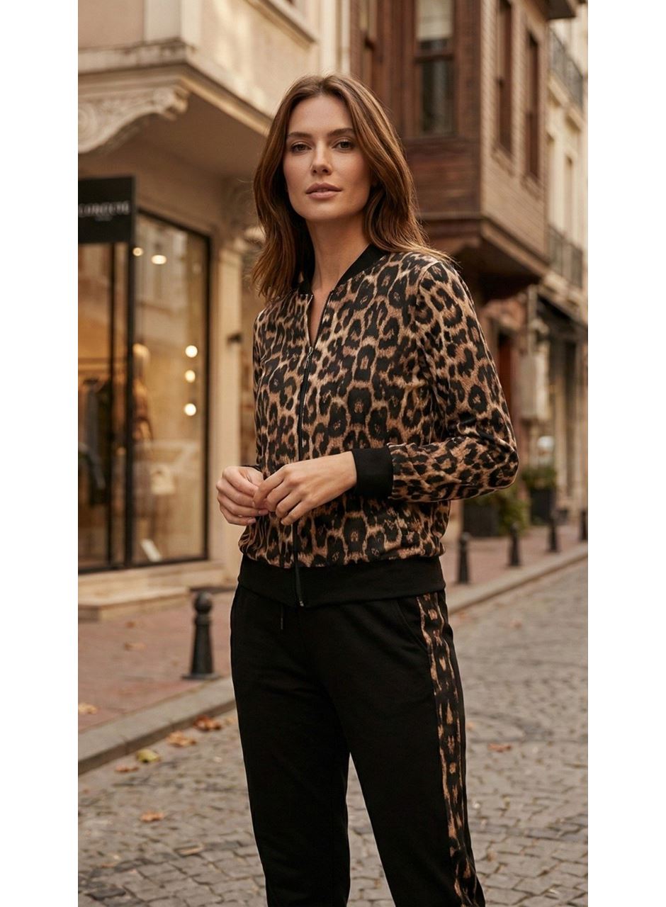 Kadın Uzun Kollu önden Fermuarlı Leopar Desen Detaylı Viskon Iki Iplik Kumaş Ikili Takım