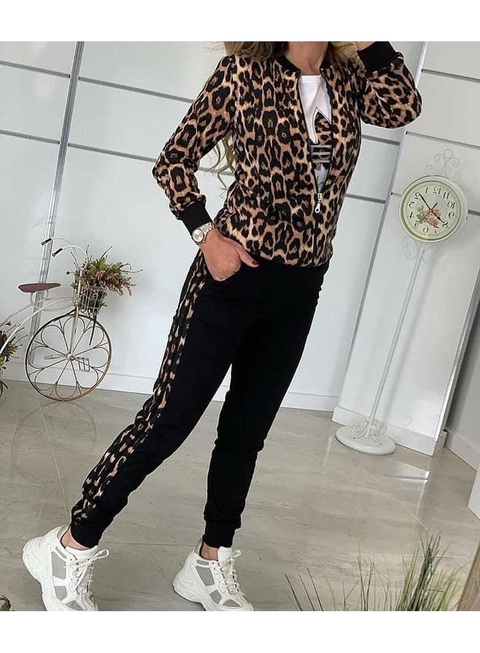 Kadın Uzun Kollu önden Fermuarlı Leopar Desen Detaylı Viskon Iki Iplik Kumaş Ikili Takım