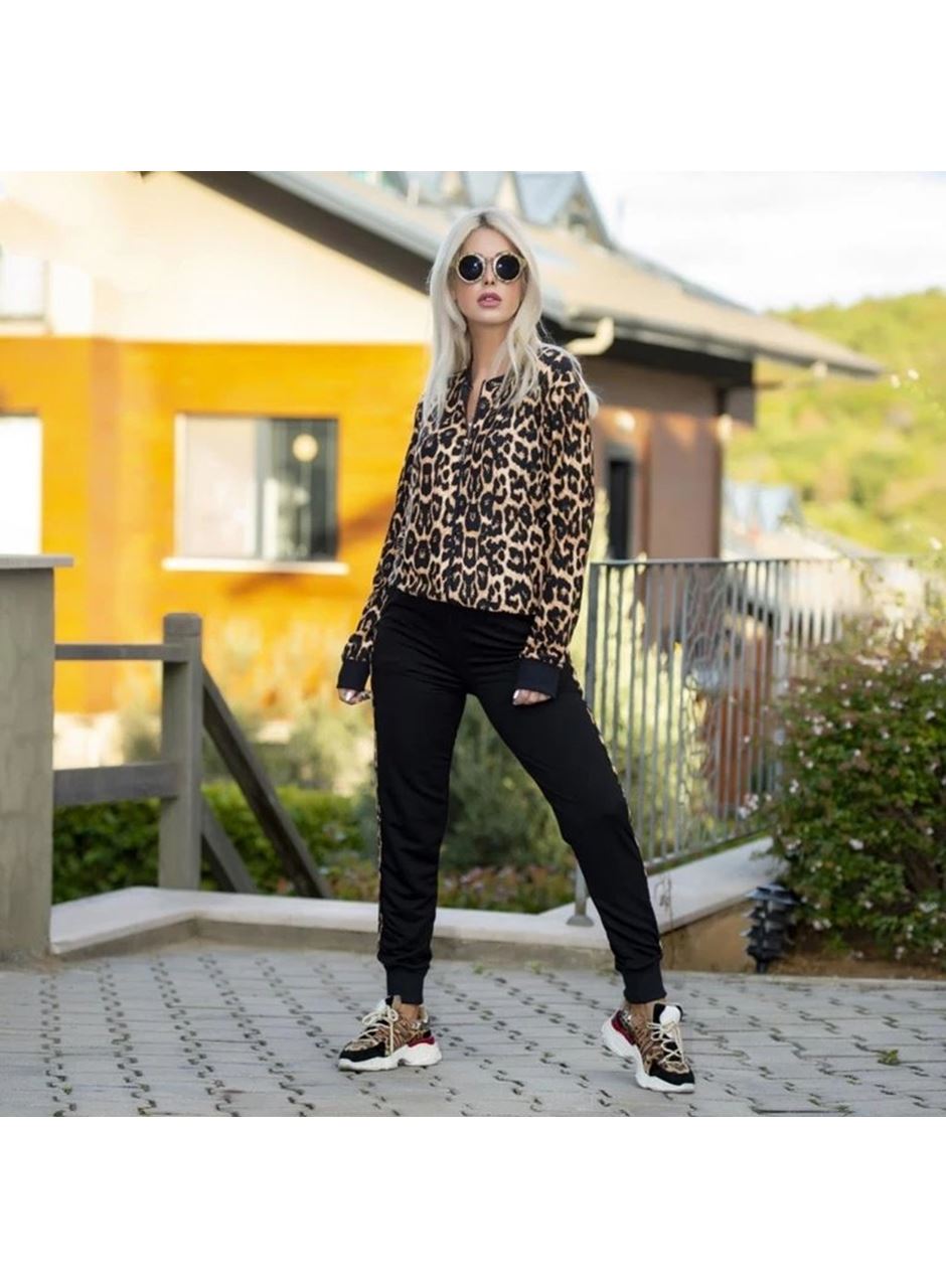 Kadın Uzun Kollu önden Fermuarlı Leopar Desen Detaylı Viskon Iki Iplik Kumaş Ikili Takım