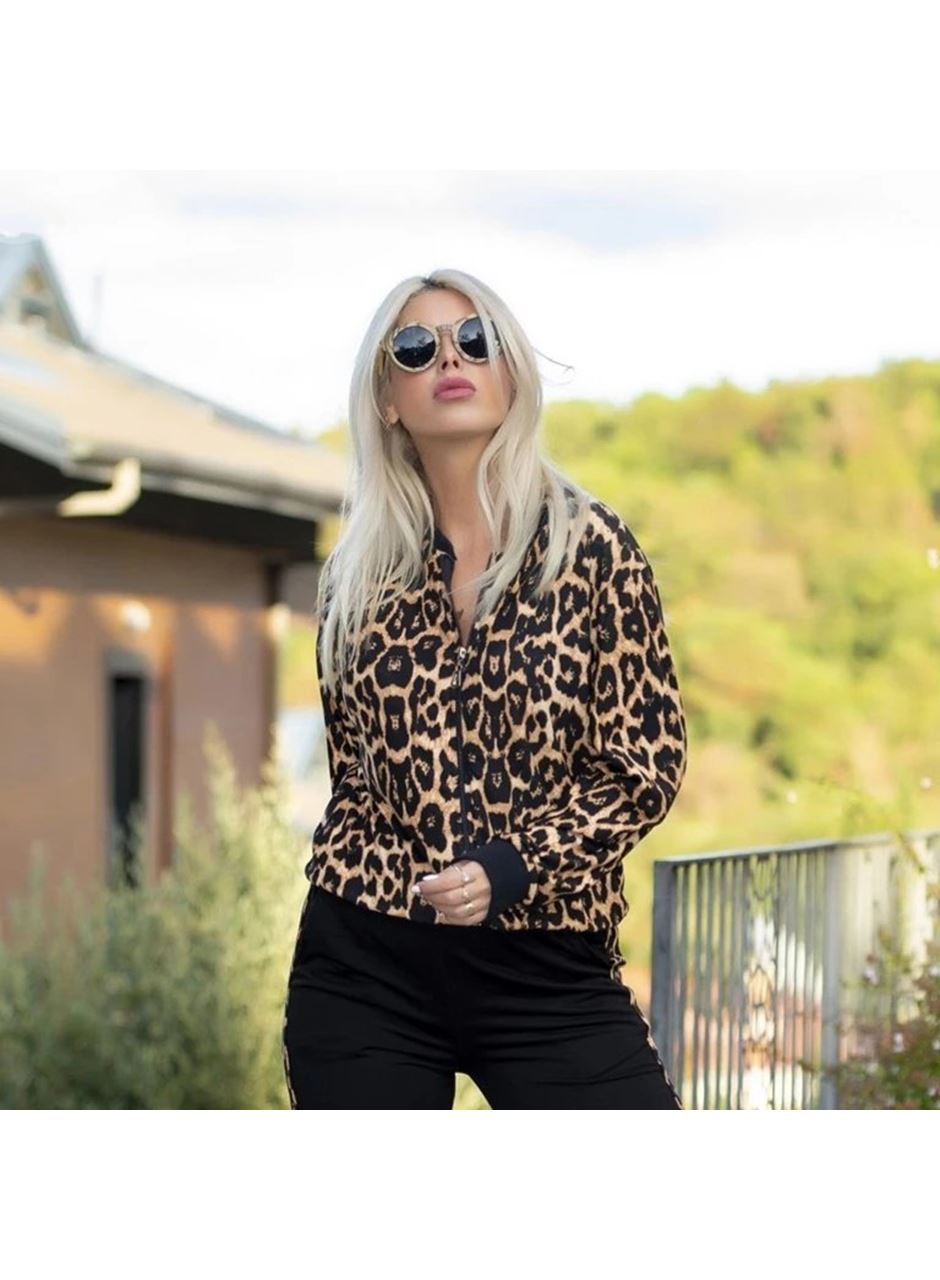 Kadın Uzun Kollu önden Fermuarlı Leopar Desen Detaylı Viskon Iki Iplik Kumaş Ikili Takım