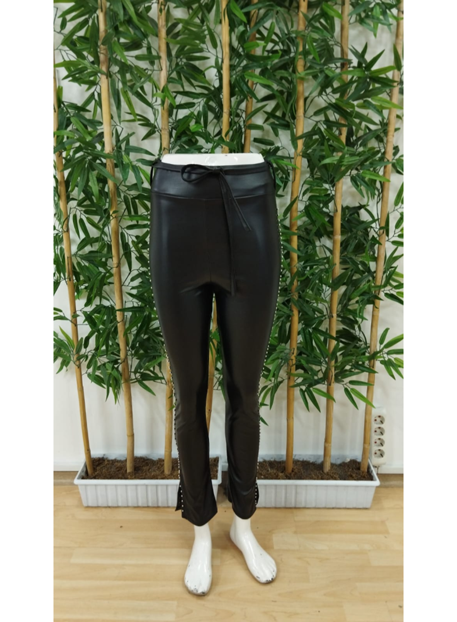 Kadın Yüksek Bel Yanlardan Incili Yırtmaçlı Uzun Deri Tayt