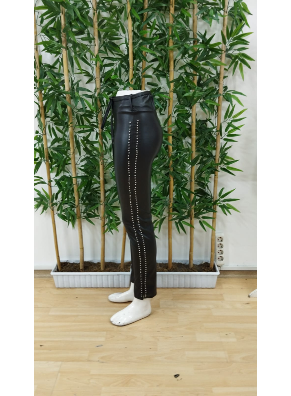 Kadın Yüksek Bel Yanlardan Incili Yırtmaçlı Uzun Deri Tayt