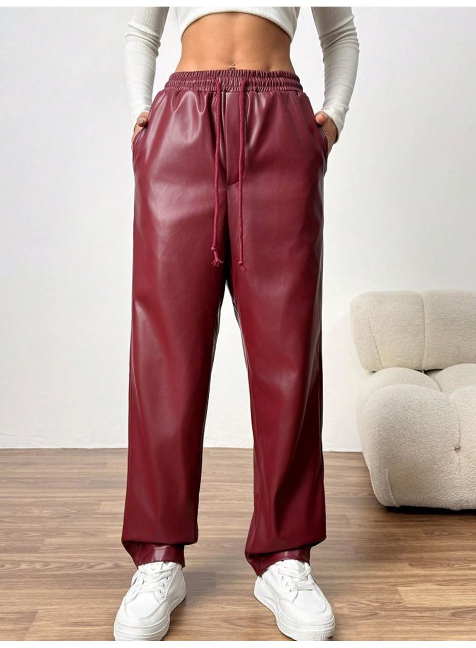 Kadın Yüksel Bel Bağcıklı Deri Pantolon
