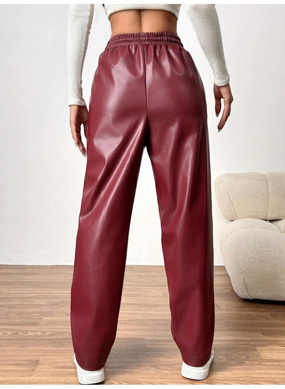 Kadın Yüksel Bel Bağcıklı Deri Pantolon