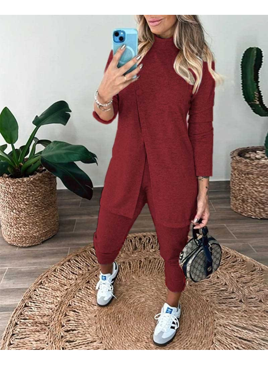 Kadın Uzun Kollu Balıkçı Yaka önden Düğmeli Bluz Ve Pantolon Yumoş Ikili Takım