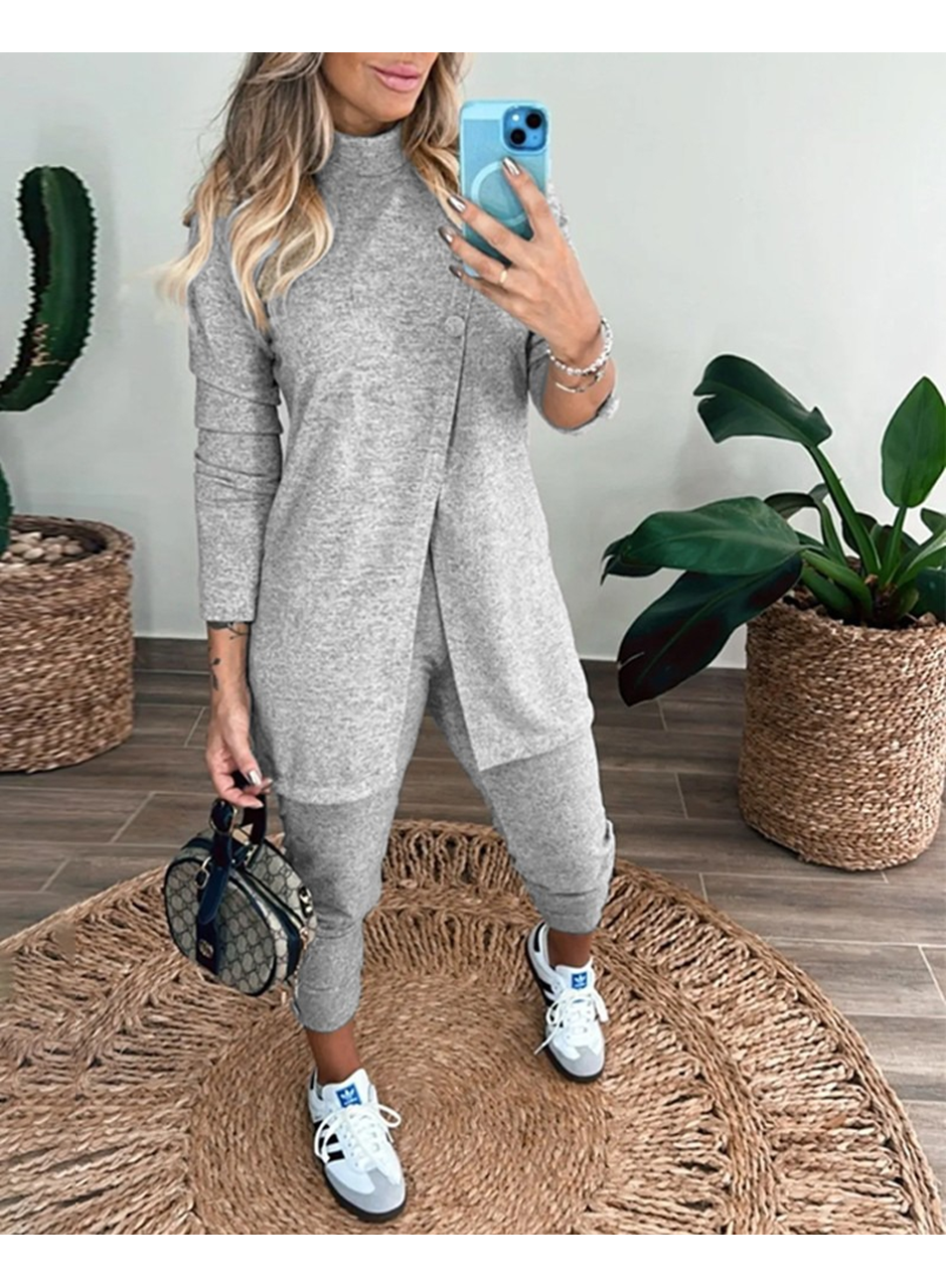 Kadın Uzun Kollu Balıkçı Yaka önden Düğmeli Bluz Ve Pantolon Yumoş Ikili Takım