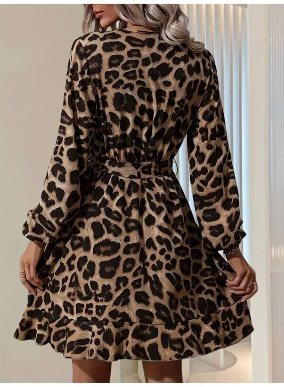 Kadın Uzun Kollu Kruvaze Yaka Belden Kuşaklı çapraz Kesim Detaylı Leopar Modal Mini Elbise