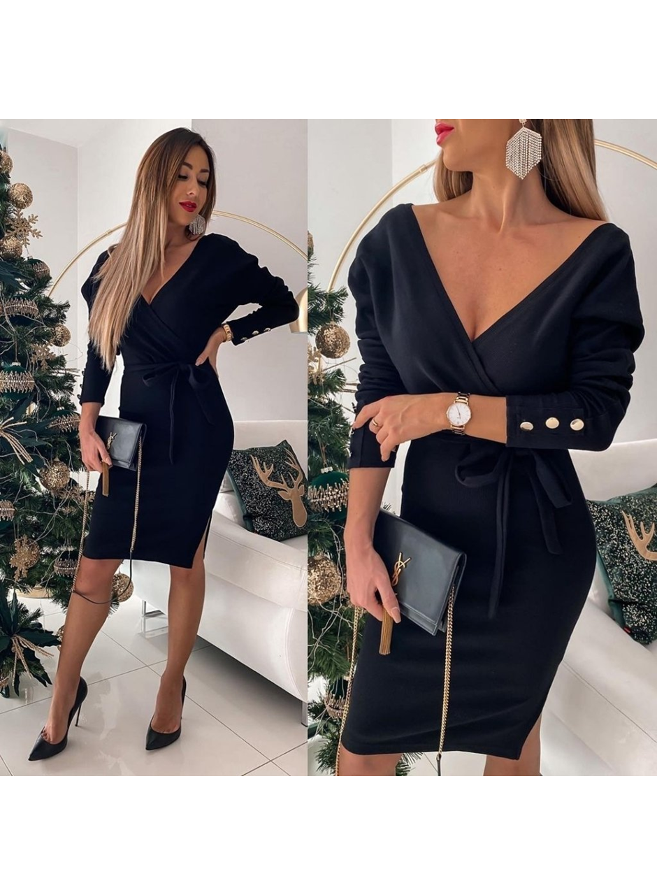 Kadın Uzun Kollu Kruvaze Yaka Bağcık Detay Akrilik Mini Boy Elbise