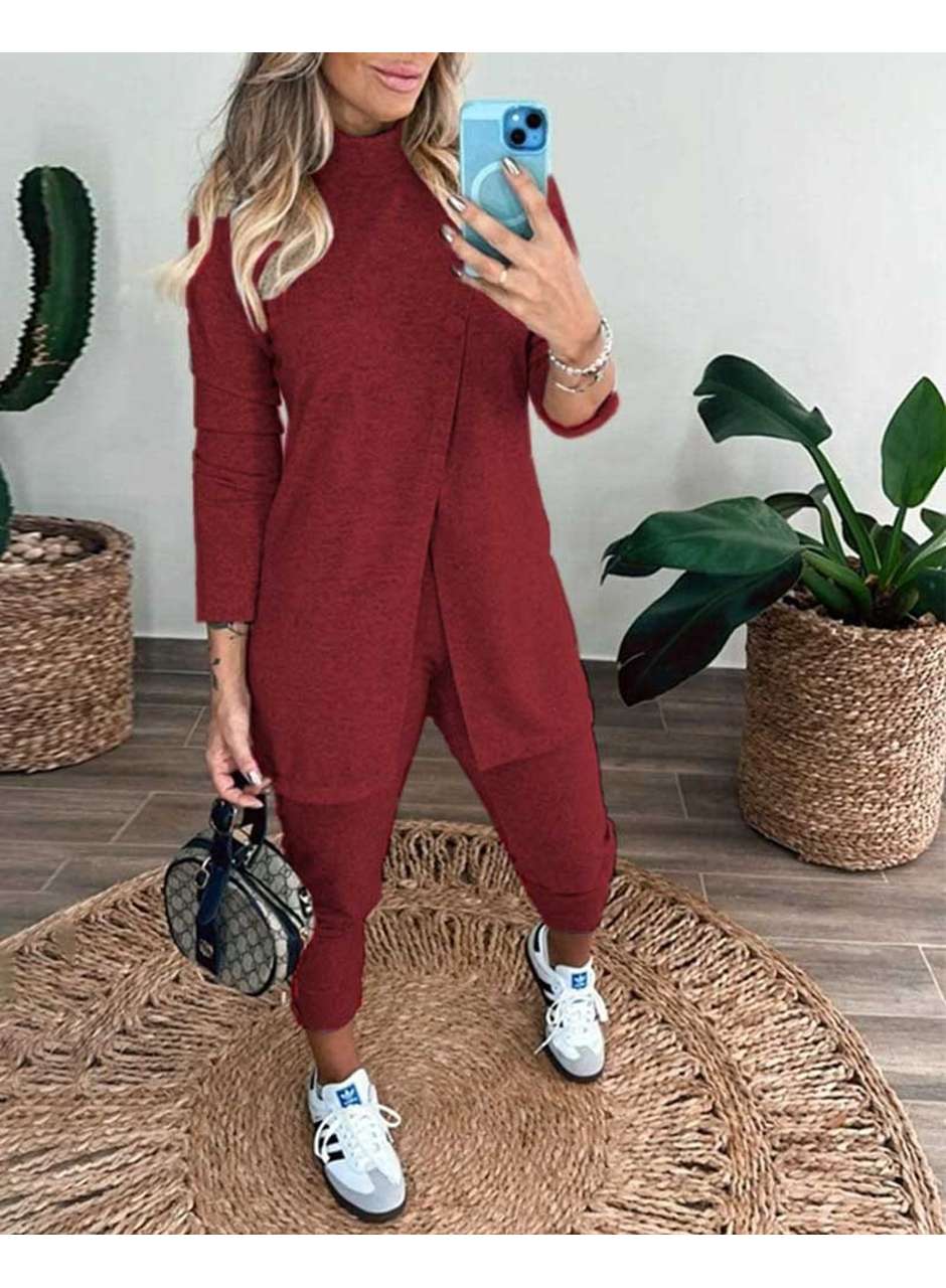 Kadın Uzun Kollu Balıkçı Yaka önden Düğmeli Bluz Ve Pantolon Yumoş Ikili Takım