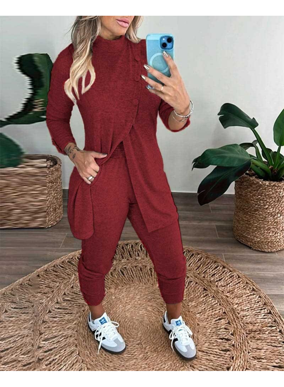 Kadın Uzun Kollu Balıkçı Yaka önden Düğmeli Bluz Ve Pantolon Yumoş Ikili Takım