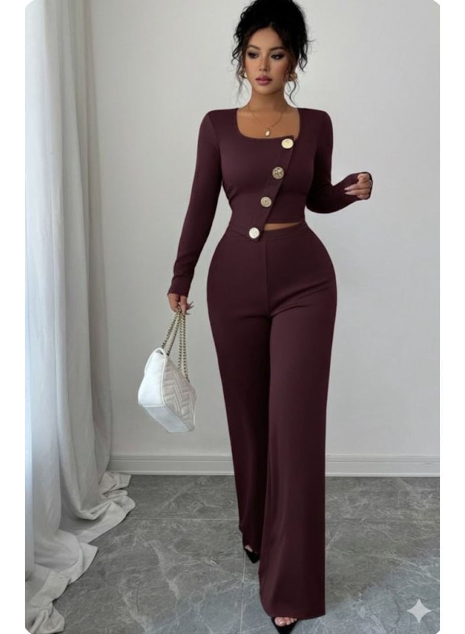 Kadın Uzun Kol Kare Yaka Asimetrik Düğme Detay Bluz Ve Yüksek Bel Pantolon Ikili Takım