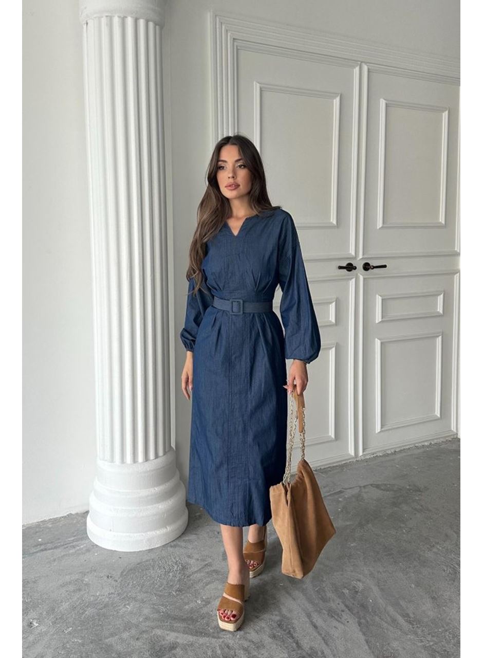 Mavi Tencel Uzun Kollu Elbise