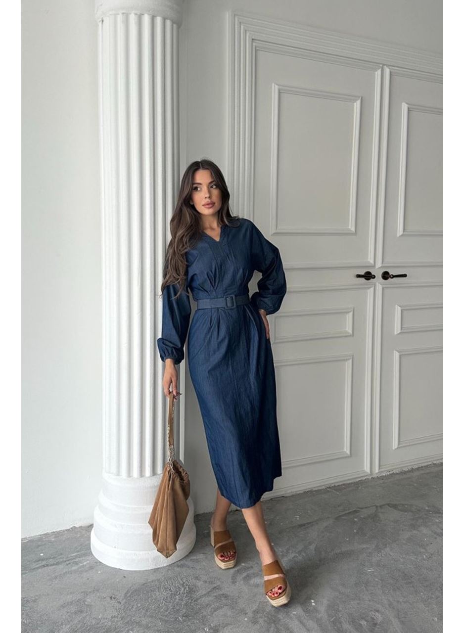 Mavi Tencel Uzun Kollu Elbise
