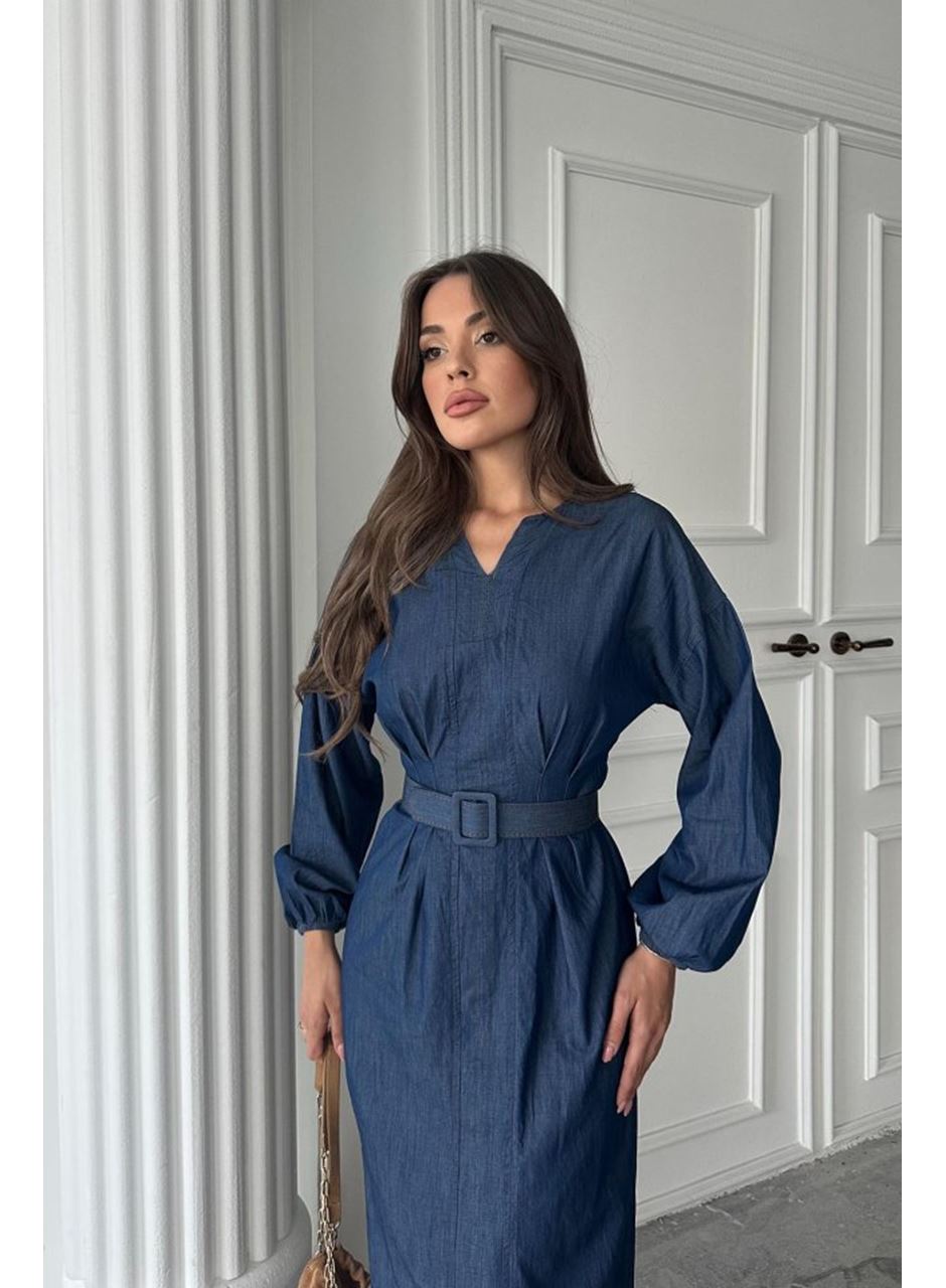Mavi Tencel Uzun Kollu Elbise