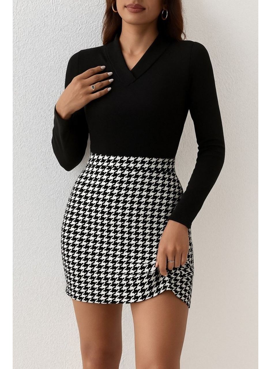 Kadın Uzun Kollu V Yakalı Kaz Ayağı Desenli şardonlu Dalgıç Elbise