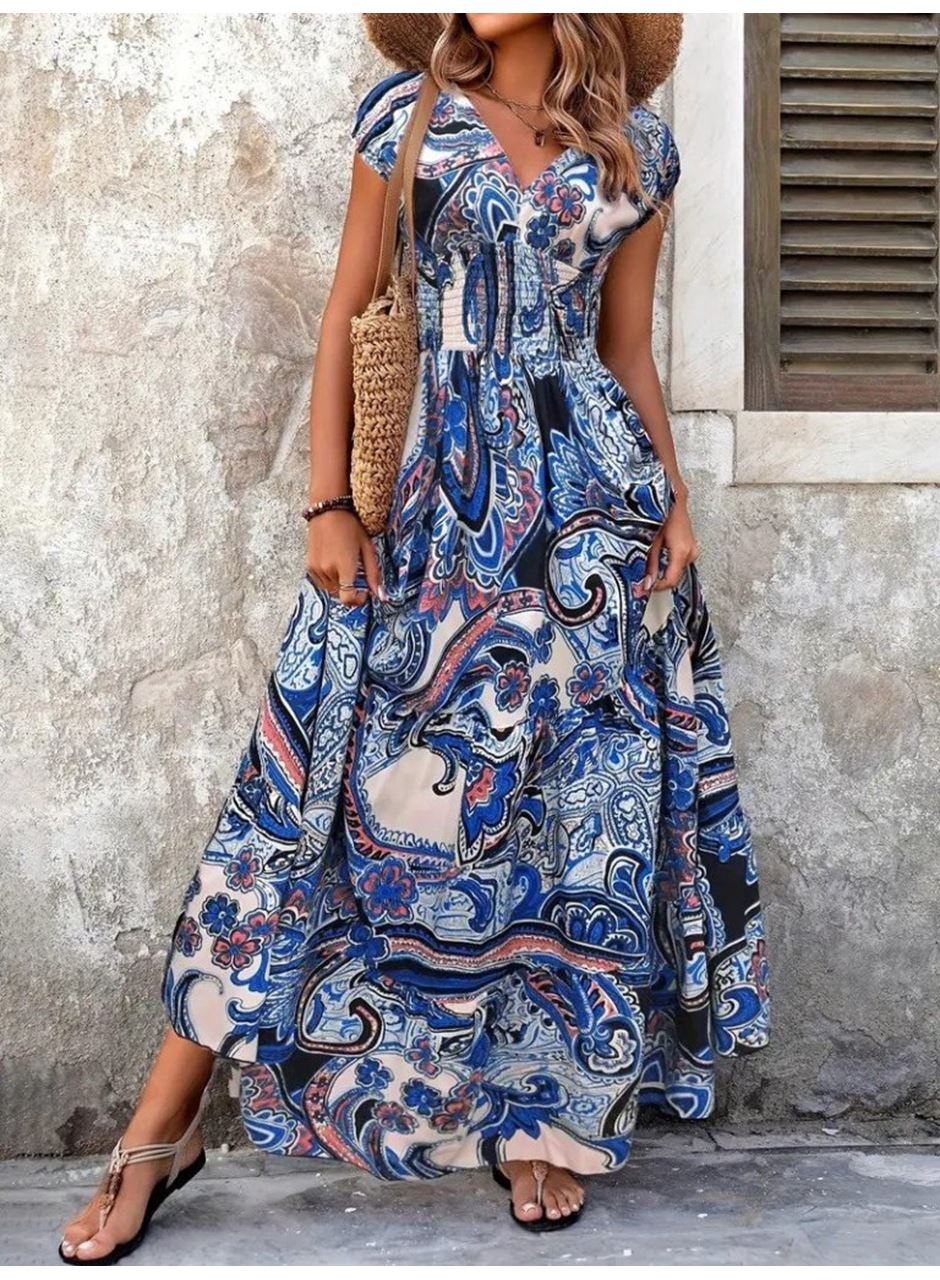 Kadın Kısa Yarasa Kanat Kollu V Yakalı Beli Büzgülü Süprem Elbise