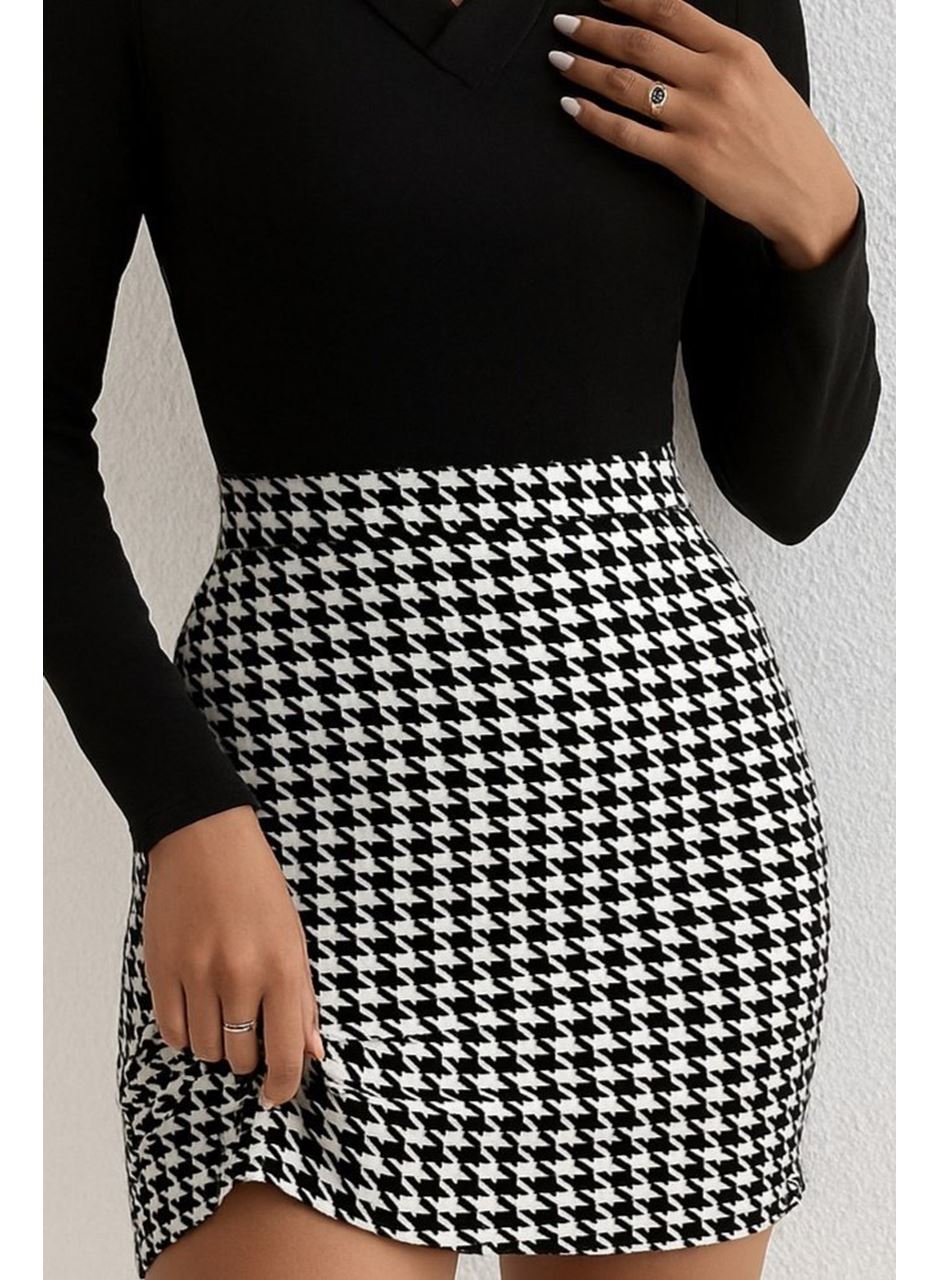 Kadın Uzun Kollu V Yakalı Kaz Ayağı Desenli şardonlu Dalgıç Elbise