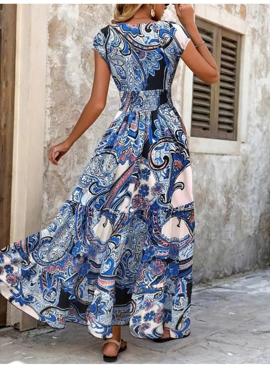 Kadın Kısa Yarasa Kanat Kollu V Yakalı Beli Büzgülü Süprem Elbise