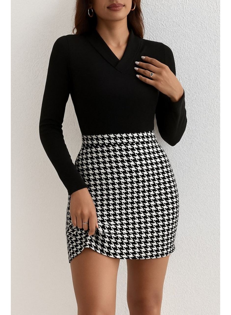 Kadın Uzun Kollu V Yakalı Kaz Ayağı Desenli şardonlu Dalgıç Elbise