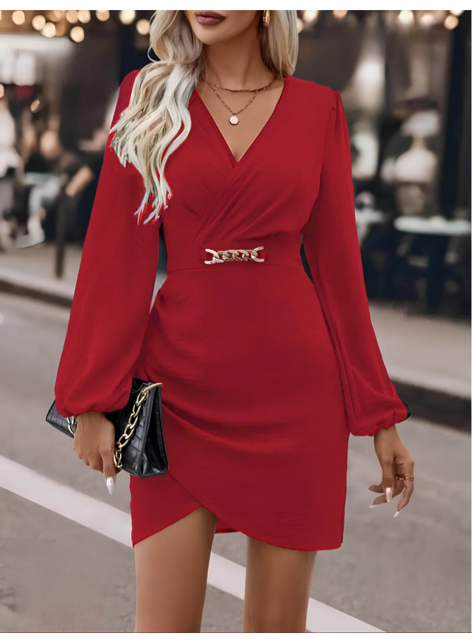Kadın Uzun Kollu Kruvaze Yaka Yandan Büzgülü Asimetrik Detaylı Ithal Krep Mini Elbise