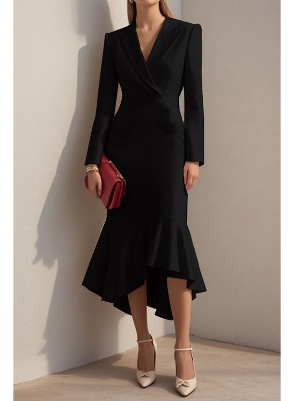 Kadın Uzun Kollu Yakalı Belden Oturtmalı Midi Ithal Krep Elbise