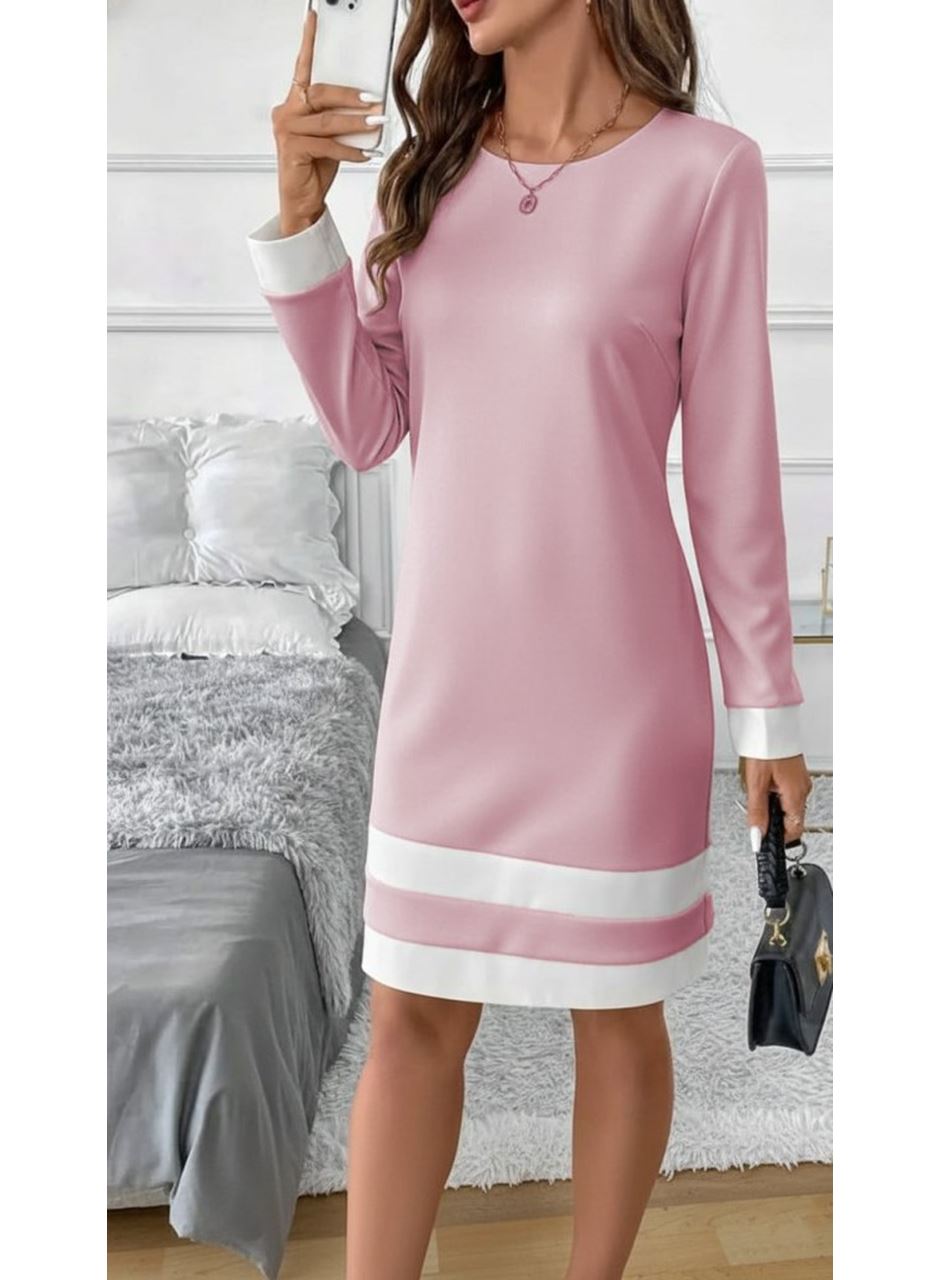 Kadın Uzun Kollu Yuvarlak Yaka Etek Ucu şerit Detaylı Mini Dalgıç Elbise