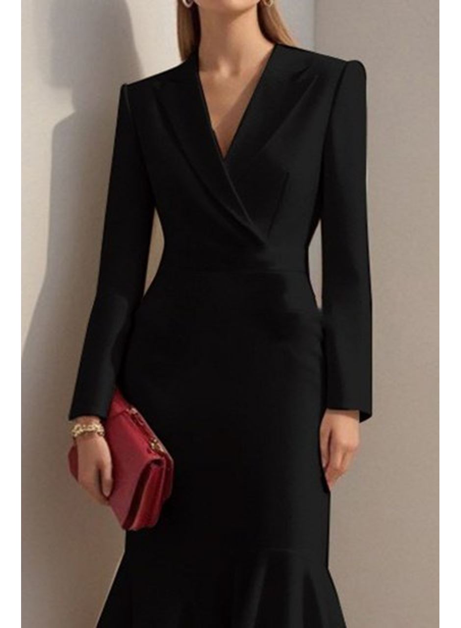 Kadın Uzun Kollu Yakalı Belden Oturtmalı Midi Ithal Krep Elbise