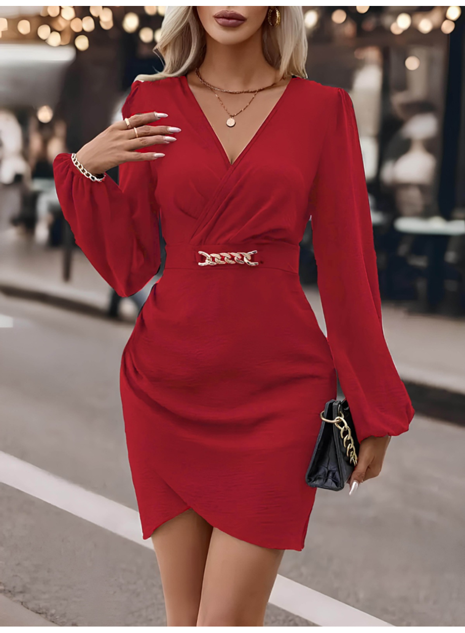 Kadın Uzun Kollu Kruvaze Yaka Yandan Büzgülü Asimetrik Detaylı Ithal Krep Mini Elbise