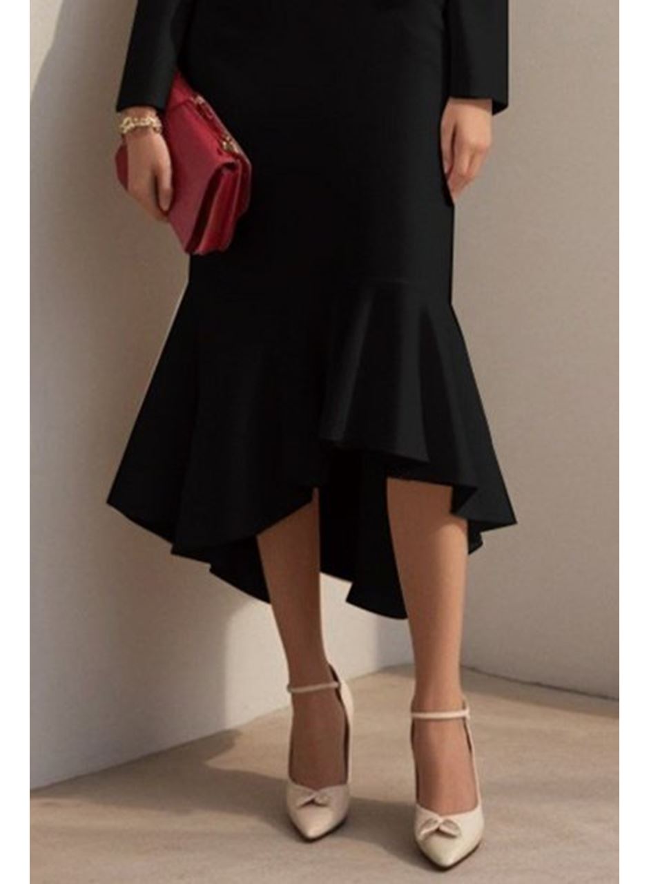 Kadın Uzun Kollu Yakalı Belden Oturtmalı Midi Ithal Krep Elbise