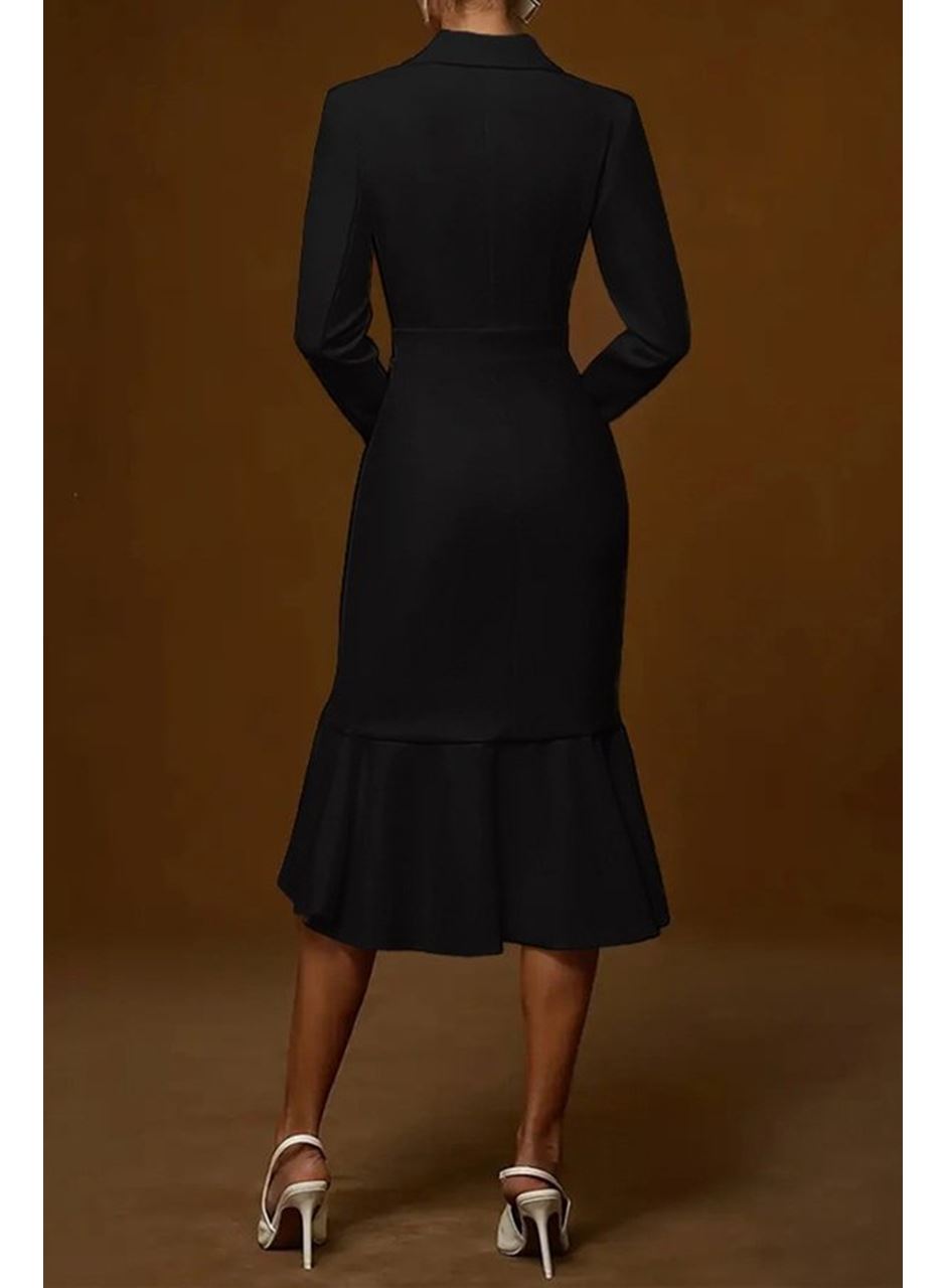 Kadın Uzun Kollu Yakalı Belden Oturtmalı Midi Ithal Krep Elbise