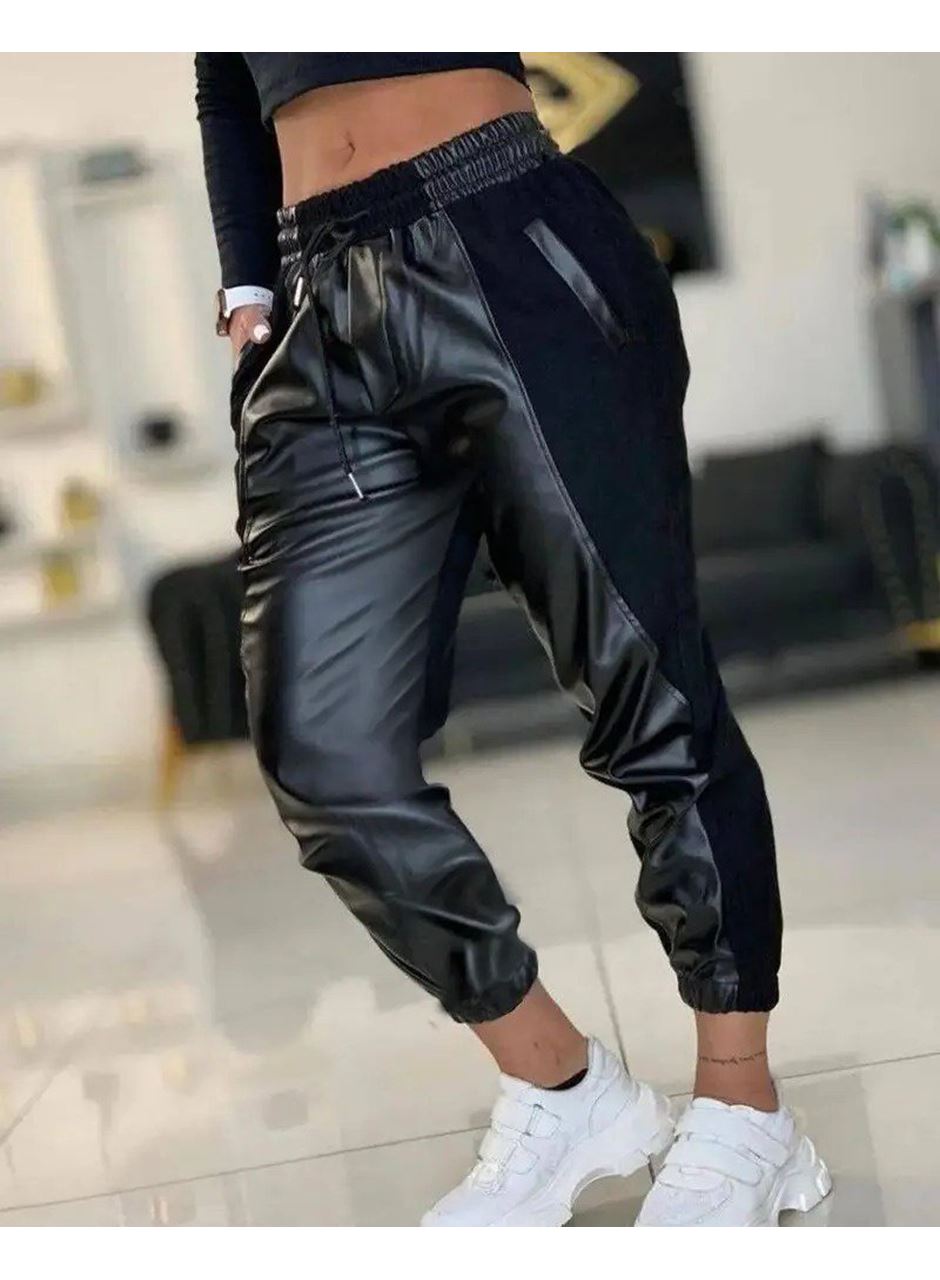 Kadın Yüksek Bel Lastikli Cepli Deri Detaylı Dalgıç Pantolon