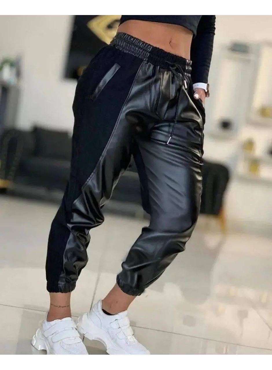 Kadın Yüksek Bel Lastikli Cepli Deri Detaylı Dalgıç Pantolon