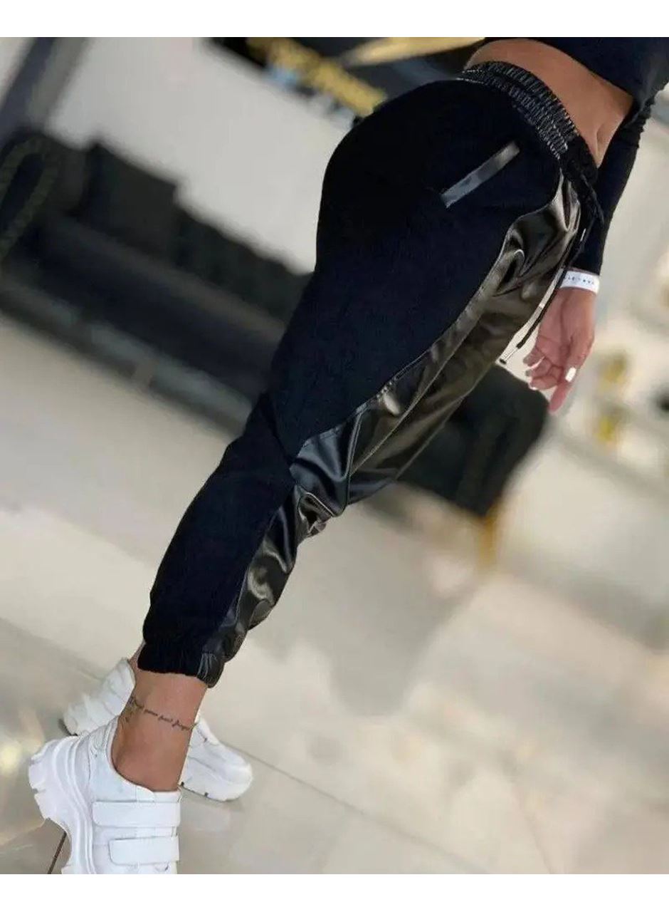 Kadın Yüksek Bel Lastikli Cepli Deri Detaylı Dalgıç Pantolon