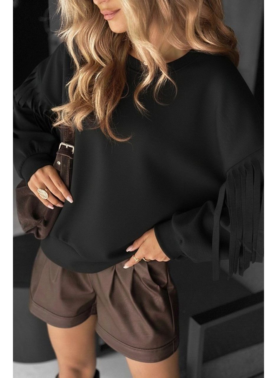 Kadın Uzun Kollu Bisiklet Yaka Kolları Püsküllü Modal Bluz