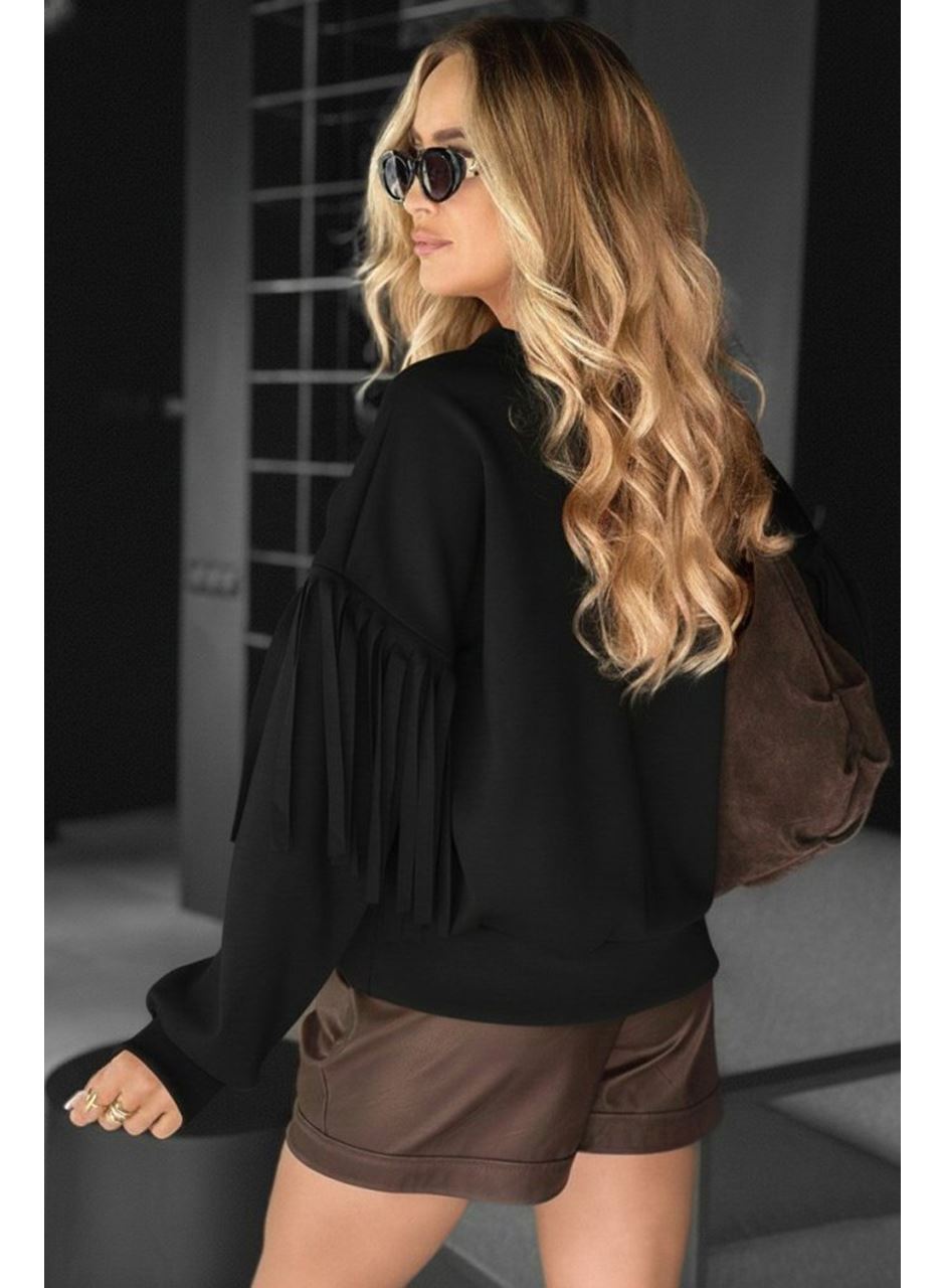 Kadın Uzun Kollu Bisiklet Yaka Kolları Püsküllü Modal Bluz