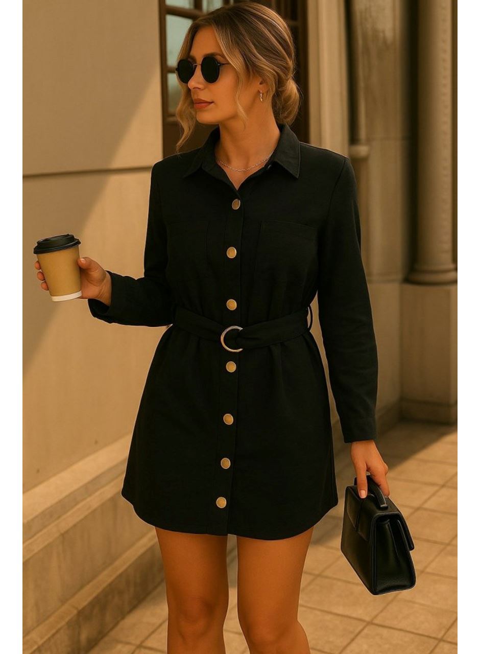 Kadın Uzun Kollu Yakalı önden Düğmeli Beli Kuşaklı Mini Ithal Keten Elbise