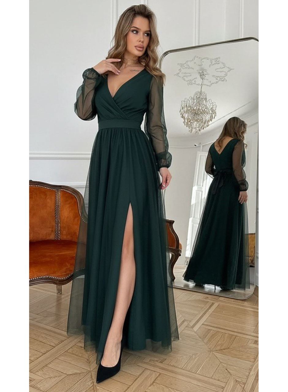 Kadın Uzun Kollu Kruvaze Yakalı Belden Kuşaklı Tüllü Uzun Ithal Krep Elbise