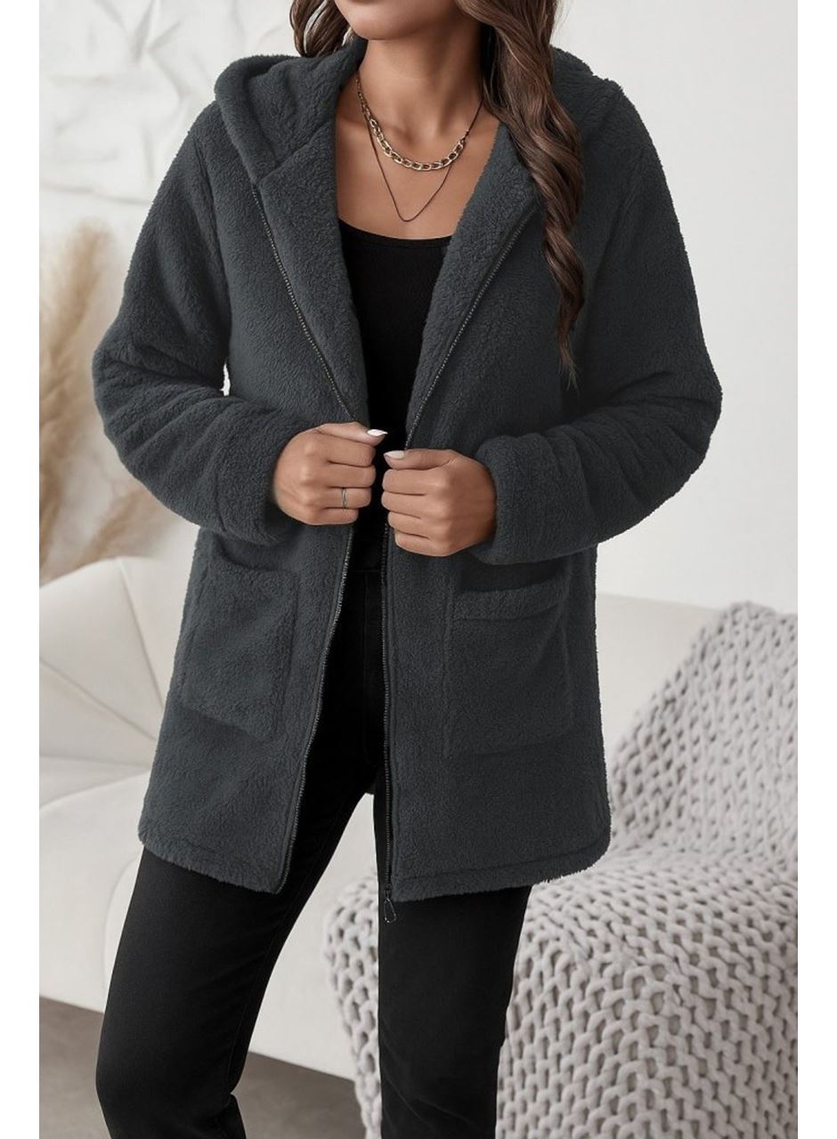 Kadın Uzun Kollu Kapşonlu önden Fermuarlı Cepli Welsoft Ceket