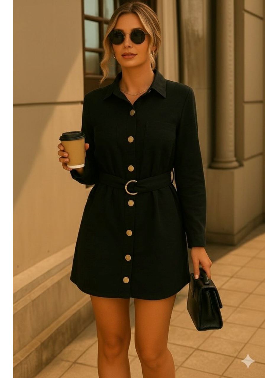 Kadın Uzun Kollu Yakalı önden Düğmeli Beli Kuşaklı Mini Ithal Keten Elbise