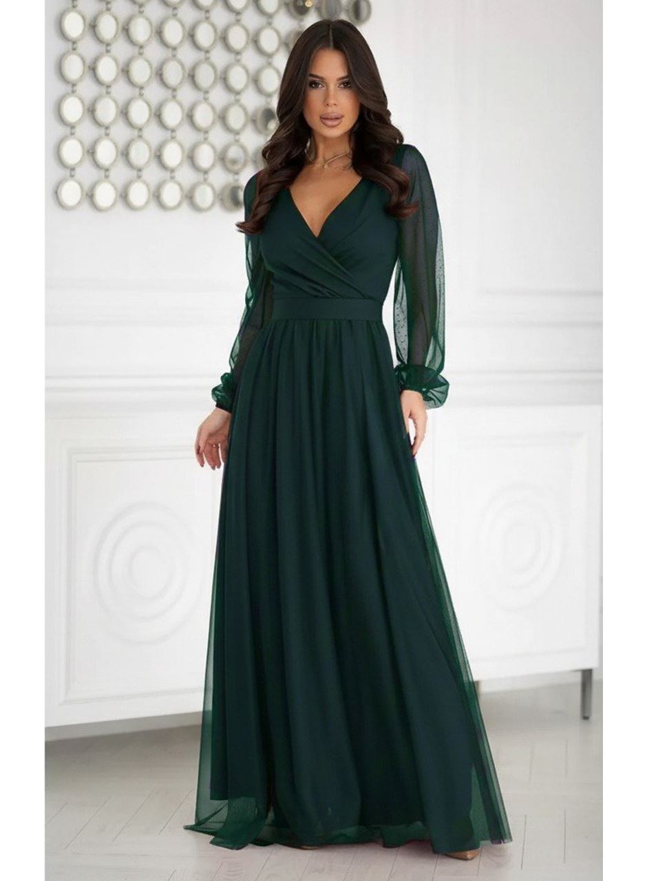 Kadın Uzun Kollu Kruvaze Yakalı Belden Kuşaklı Tüllü Uzun Ithal Krep Elbise