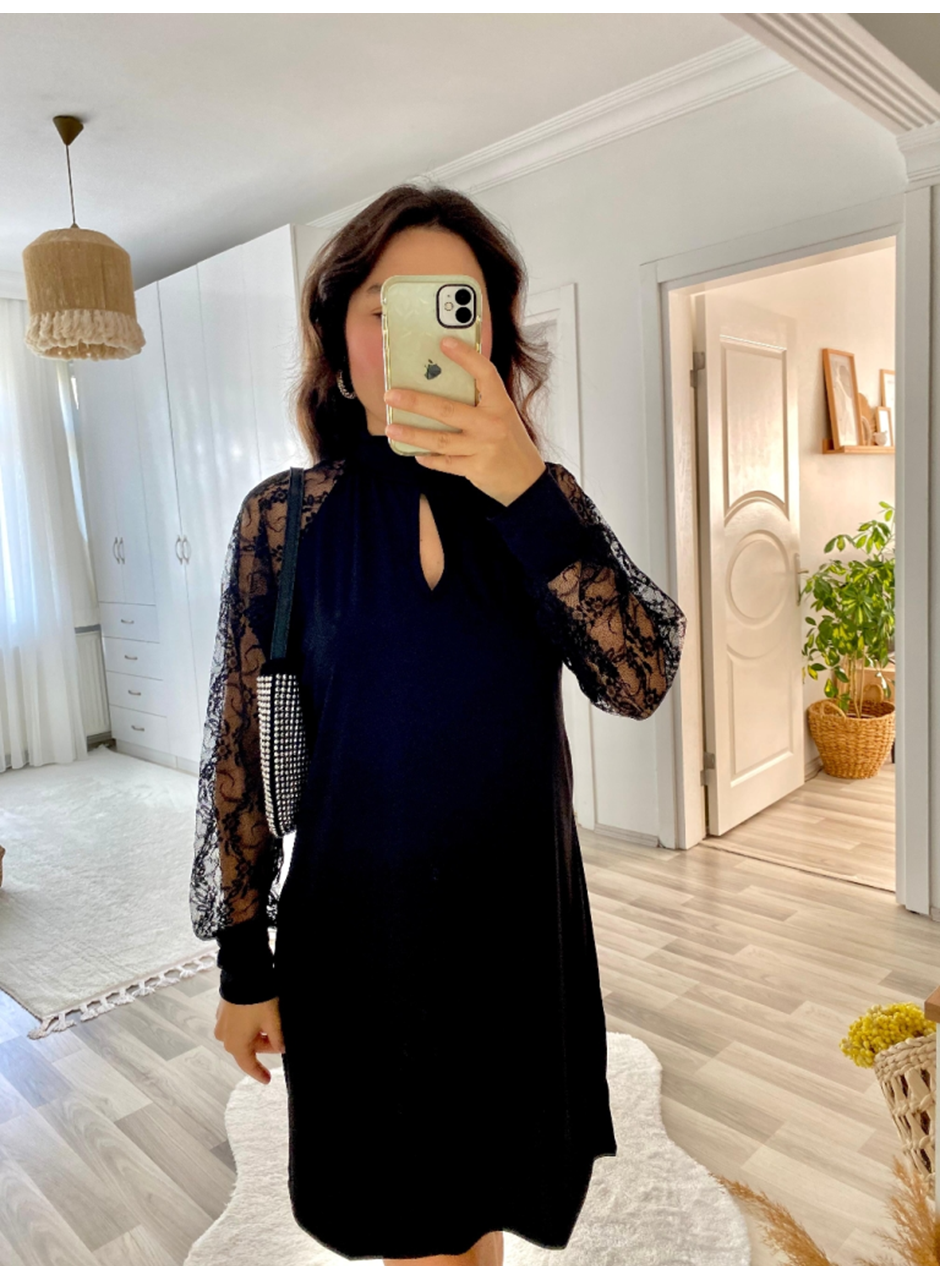 Kadın Uzun Kollu Damla Detaylı Sandy Mini Elbise