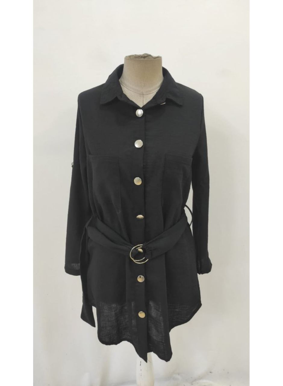 Kadın Uzun Kollu Yakalı önden Düğmeli Beli Kuşaklı Mini Ithal Keten Elbise