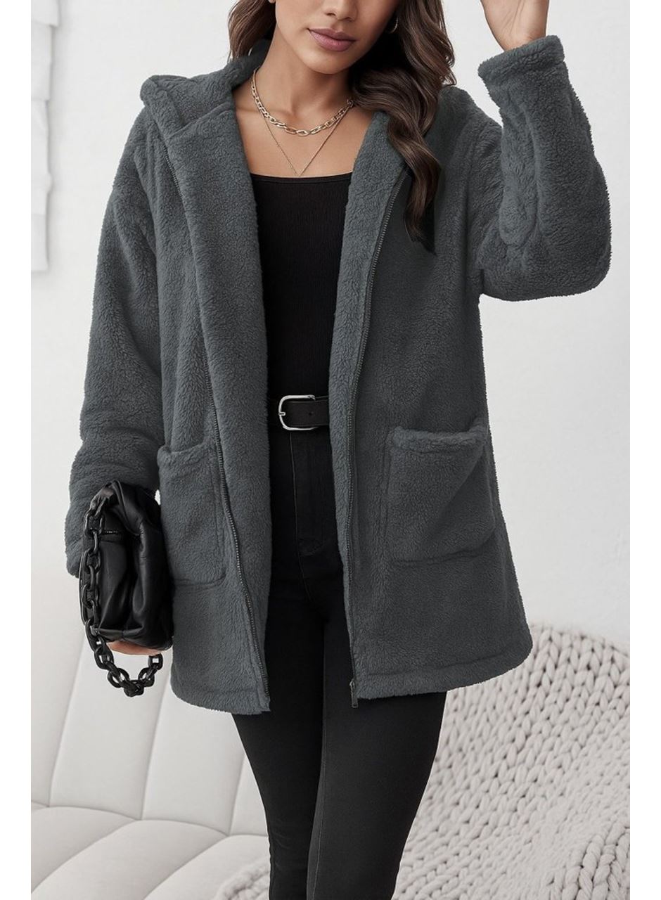 Kadın Uzun Kollu Kapşonlu önden Fermuarlı Cepli Welsoft Ceket