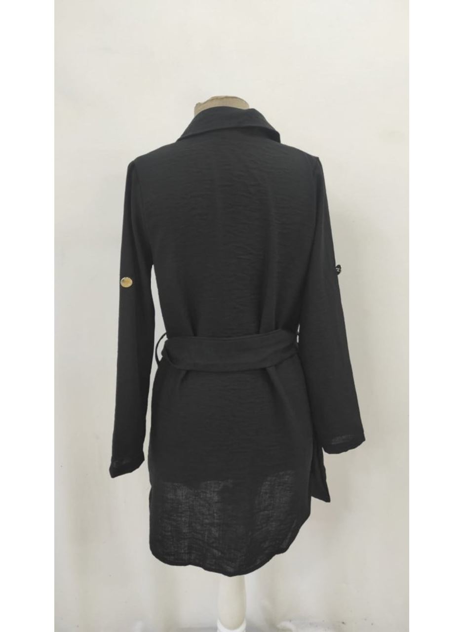 Kadın Uzun Kollu Yakalı önden Düğmeli Beli Kuşaklı Mini Ithal Keten Elbise